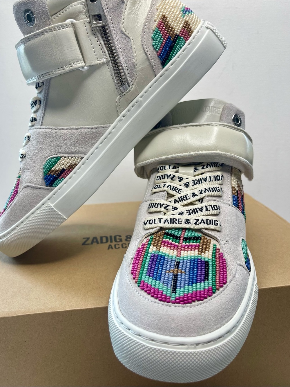 NIB ZADIG & VOLTAIRE MID FLASH FOLK BEADS 💯 LEATHER MID FLASH TRAINER EU39 SZ 8 - Picture 4 of 14
